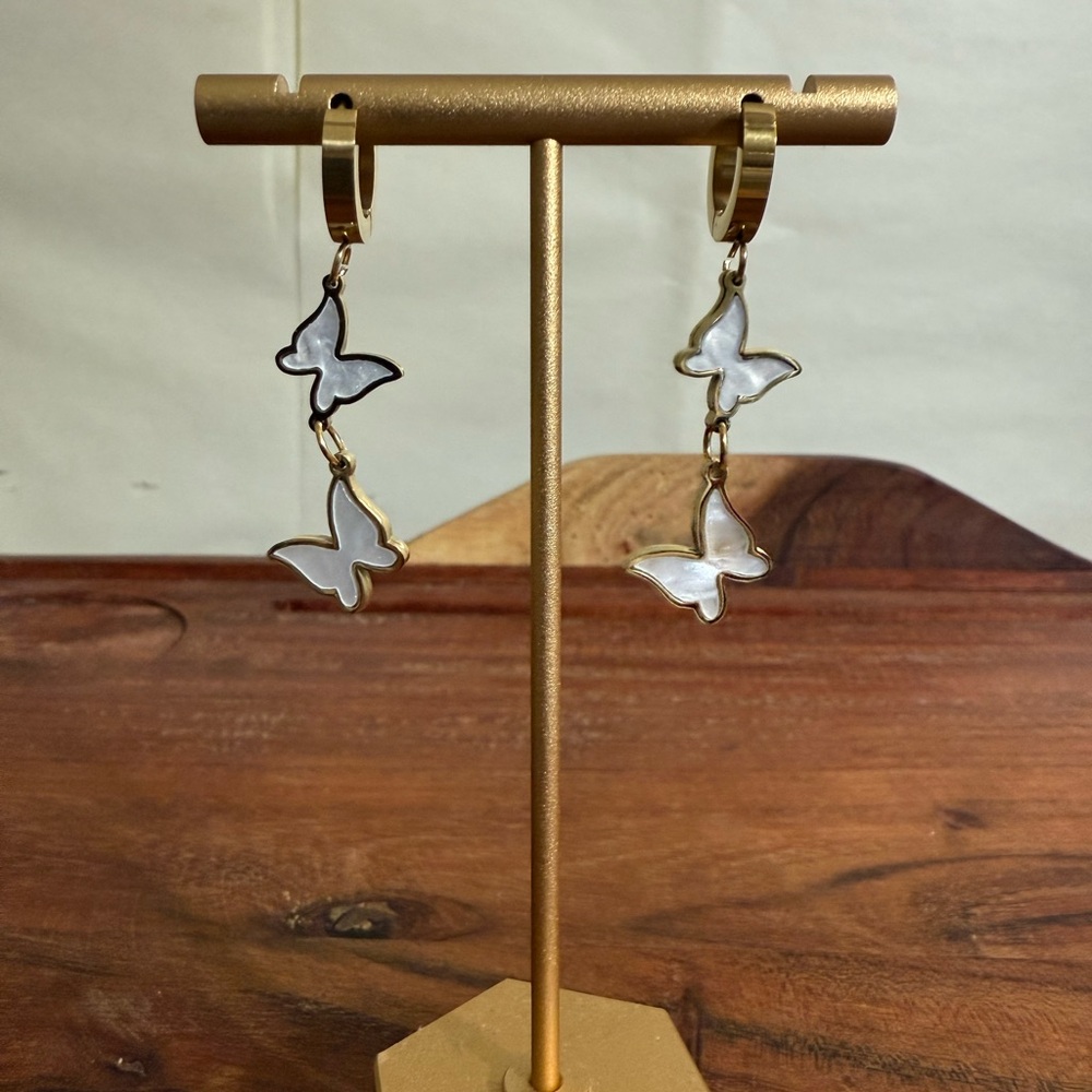 butterfly dangle earrings mother-of-pearl inlay gold-toned huggie hoop closures